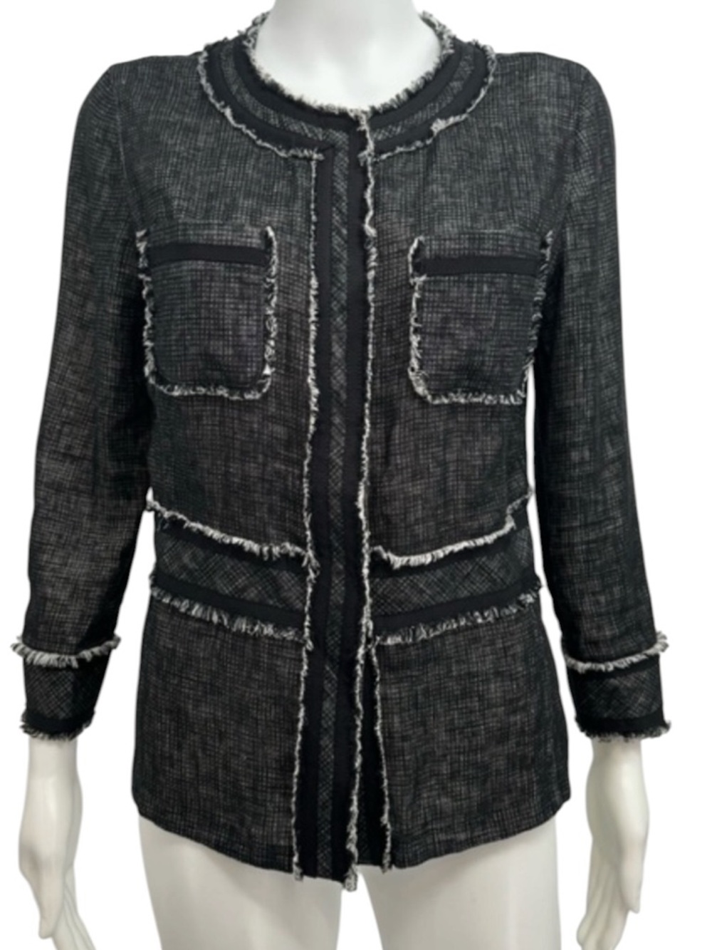 Lafayette 148 Jacket Black Collarless Fringe Linen 14 - Picture 2 of 10